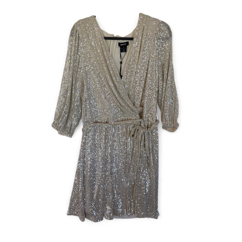 DKNY Gold Champagne Sequin Wrap Dress 16W V-Neck Belted Cocktail PD2IZ967